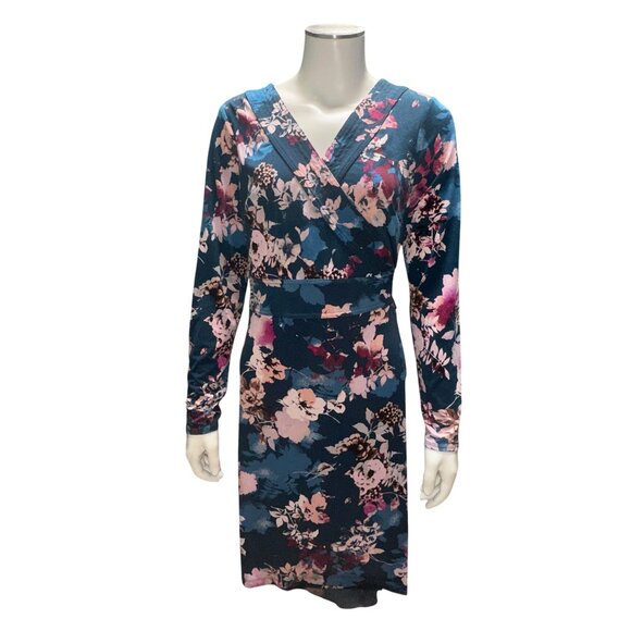 Thalia Sodi Small Teal Floral Wrap Dress Long Sleeve Fall Party Cafecore Look - Picture 2 of 12